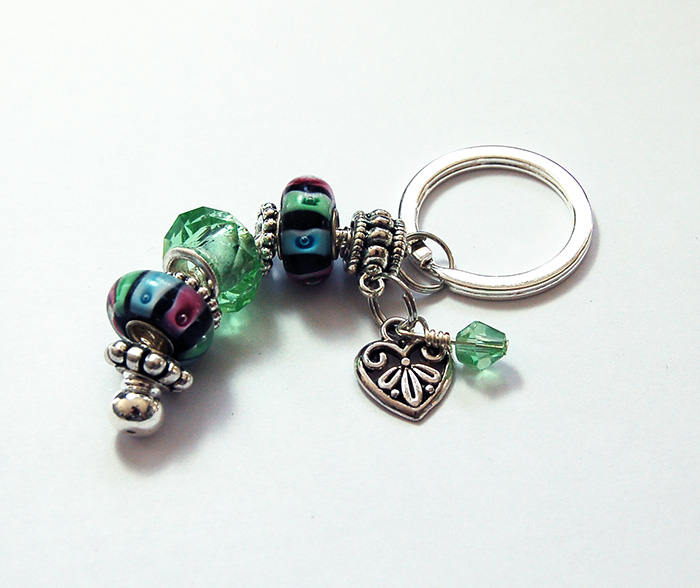 Heart Striped Lampwork Bead Keychain in Green - Kelly's Handmade