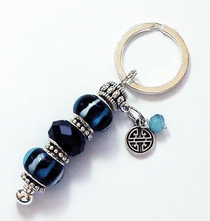 Lampwork Bead Keychain in Black, Blue & Silver - Kelly's Handmade