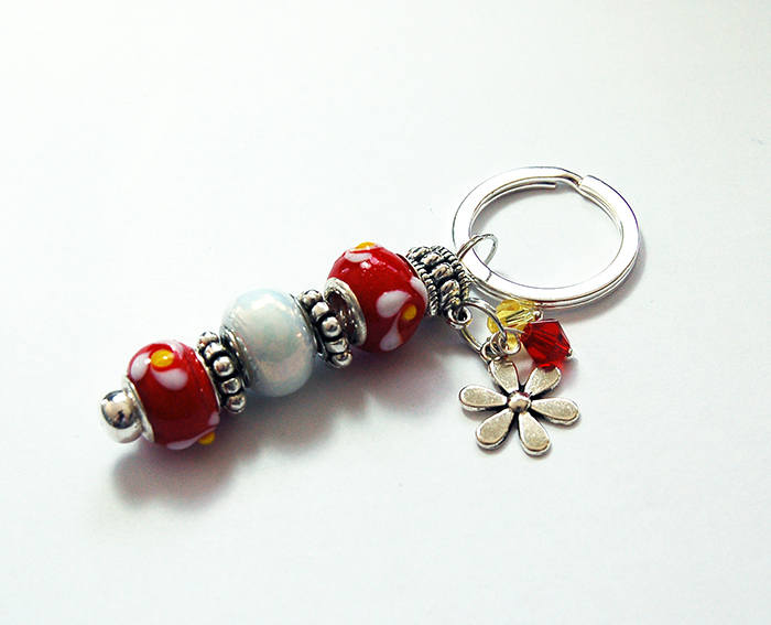 Flower Lampwork Bead Keychain in Red & White - Kelly's Handmade