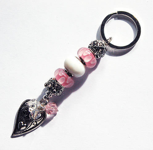 Heart Lampwork Bead Keychain in Pink & White - Kelly's Handmade