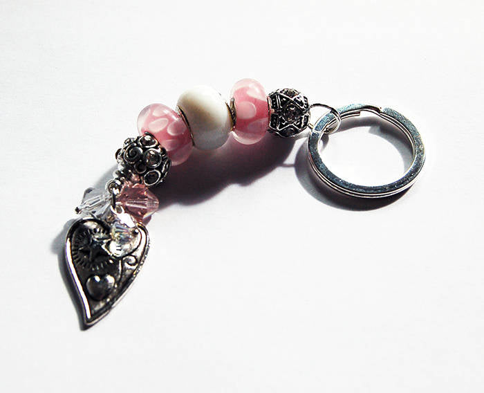 Heart Lampwork Bead Keychain in Pink & White - Kelly's Handmade