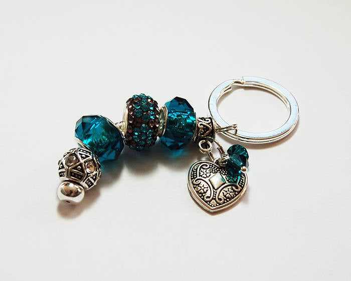Heart Rhinestone Bead Keychain in Teal - Kelly's Handmade