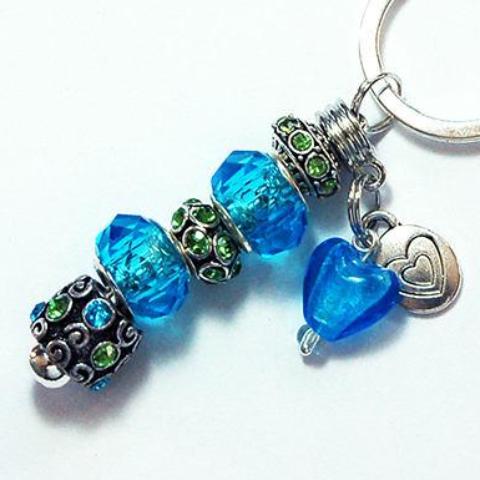 Heart Rhinestone Bead Keychain in Blue & Green - Kelly's Handmade