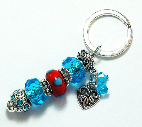 Heart Dotted Lampwork Bead Keychain in Blue & Red - Kelly's Handmade