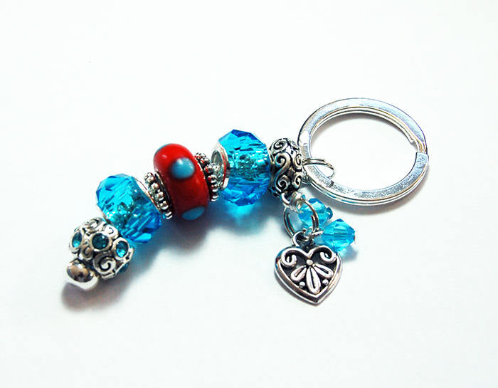 Heart Dotted Lampwork Bead Keychain in Blue & Red - Kelly's Handmade