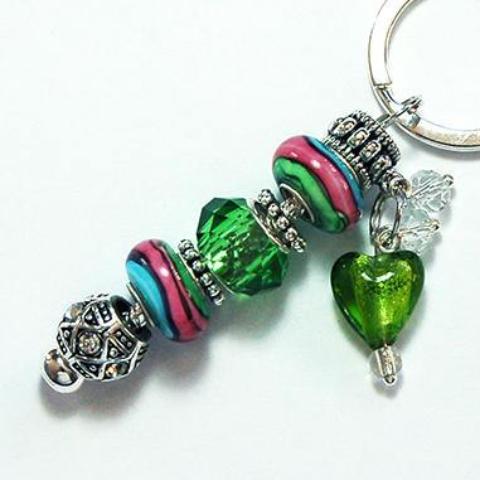 Heart Striped Bead Keychain in Green, Pink & Blue - Kelly's Handmade
