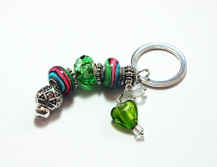 Heart Striped Bead Keychain in Green, Pink & Blue - Kelly's Handmade