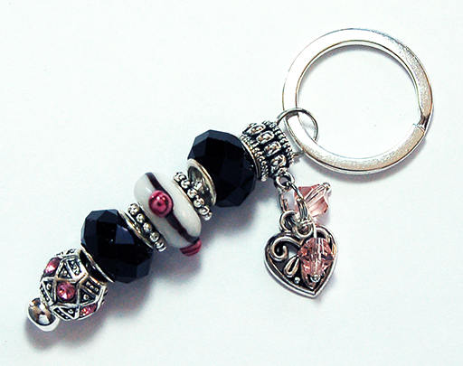 Heart Lampwork Bead Keychain in Black White & Pink - Kelly's Handmade