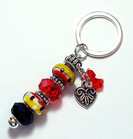 Lampwork Bead Heart Keychain in Red, Black & Yellow - Kelly's Handmade