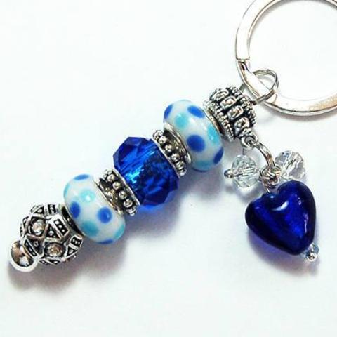 Heart Polka Dot Lampwork Bead Keychain in Blue - Kelly's Handmade