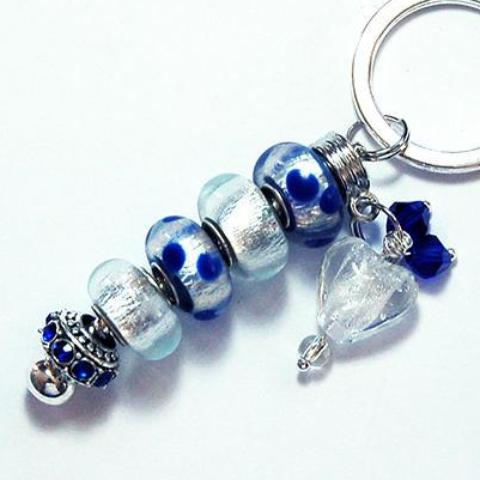 Polka Dot Lampwork Bead Keychain in Blue & Silver - Kelly's Handmade