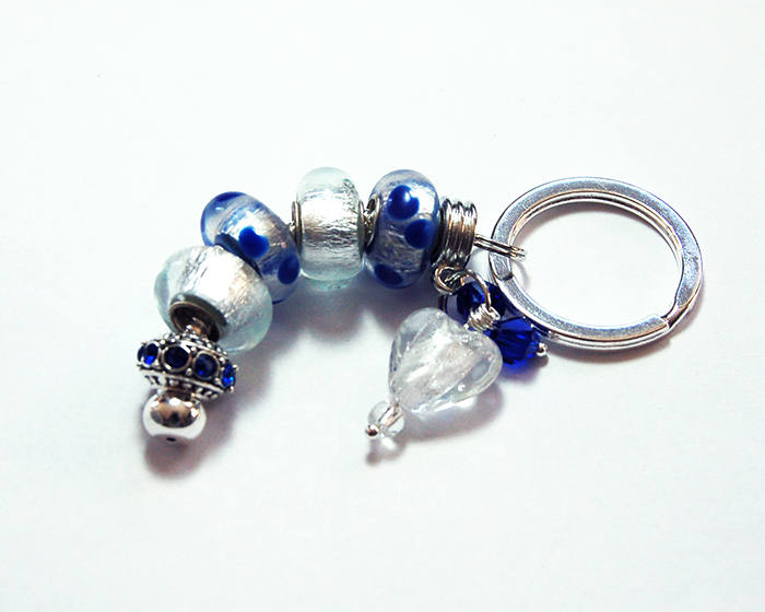 Polka Dot Lampwork Bead Keychain in Blue & Silver - Kelly's Handmade