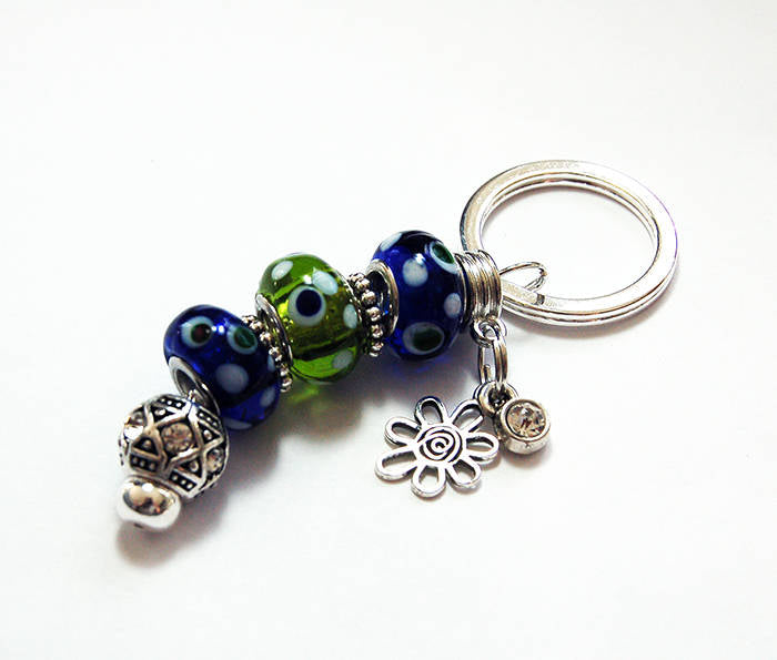 Flower Dotted Lampwork Bead Keychain in Blue & Green - Kelly's Handmade