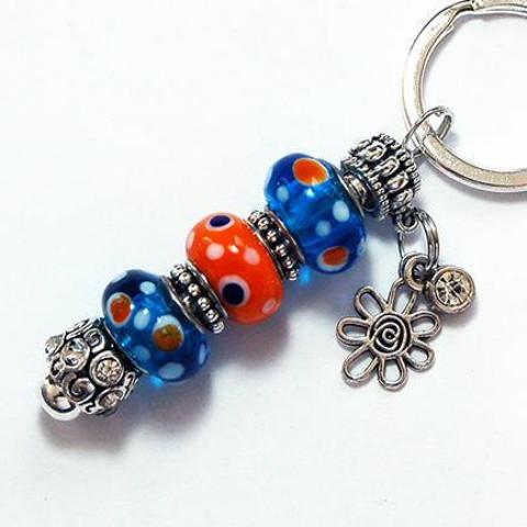 Flower Dotted Lampwork Bead in Blue & Orange - Kelly's Handmade