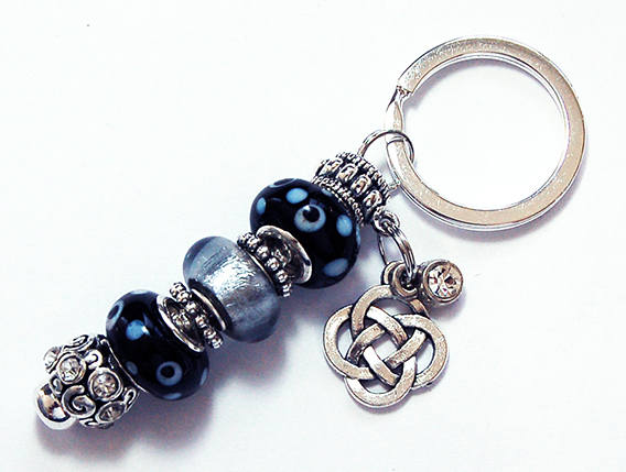 Irish Knot Lampwork Bead Keychain in Black & Grey - Kelly's Handmade