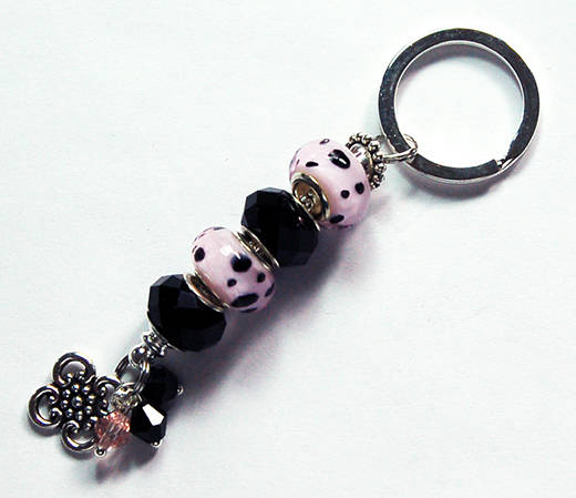 Polka Dot Lampwork Bead Keychain in Black & Pink - Kelly's Handmade