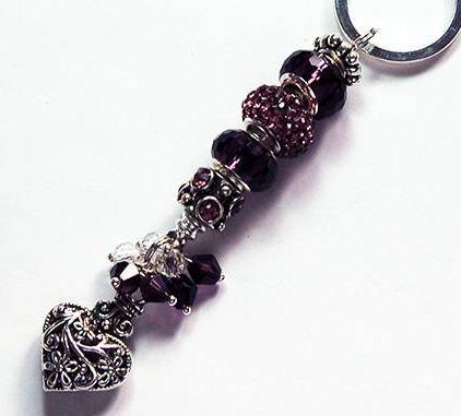 Ornate Heart Rhinestone Bead Keychain in Purple - Kelly's Handmade