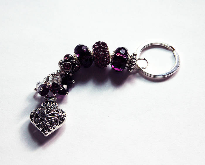 Ornate Heart Rhinestone Bead Keychain in Purple - Kelly's Handmade