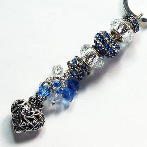 Ornate Heart Rhinestone Bead Keychain in Blue & Silver - Kelly's Handmade