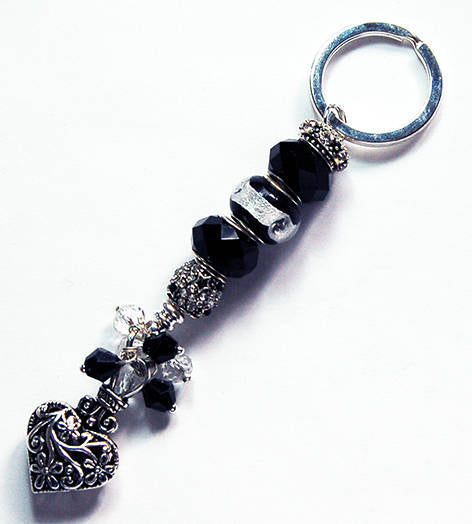 Ornate Heart Lampwork Bead Keychain in Black & Silver - Kelly's Handmade
