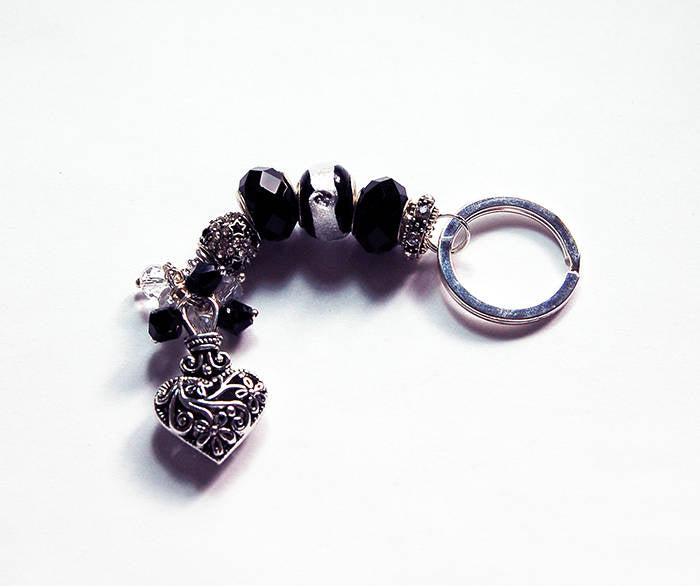 Ornate Heart Lampwork Bead Keychain in Black & Silver - Kelly's Handmade