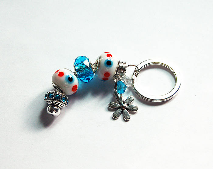 Flower Dotted Lampwork Bead Keychain in Blue & Red - Kelly's Handmade