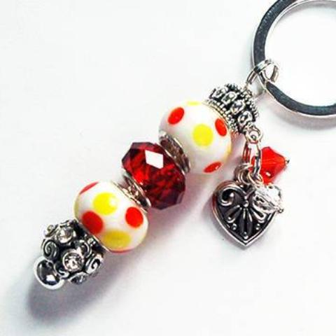 Heart Polka Dot Lampwork Bead Keychain in Red & Yellow - Kelly's Handmade