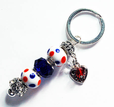 Heart Polka Dot Lampwork Bead Keychain in Blue & Red - Kelly's Handmade