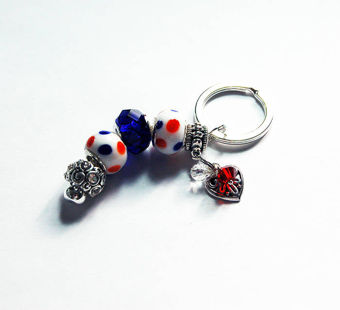 Heart Polka Dot Lampwork Bead Keychain in Blue & Red - Kelly's Handmade