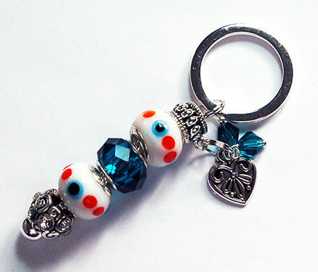 Heart Dotted Lampwork Bead Keychain in Teal Blue & White - Kelly's Handmade