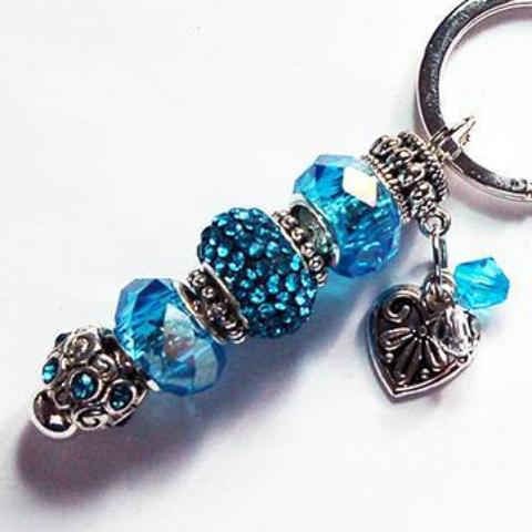 Heart Rhinestone Bead Keychain in Turquoise Blue & Silver - Kelly's Handmade