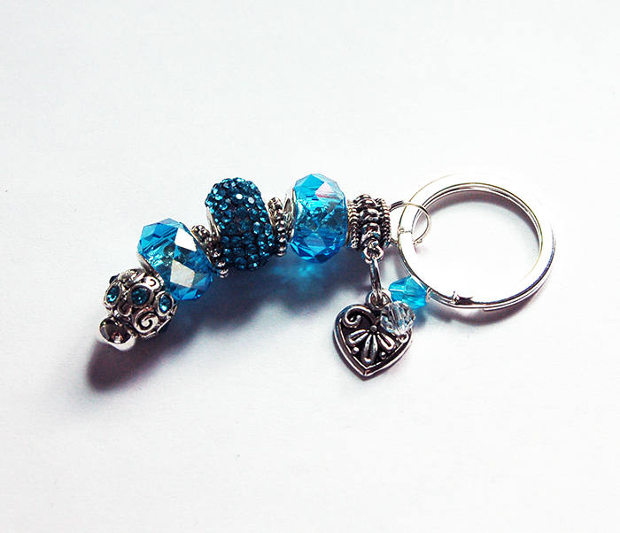 Heart Rhinestone Bead Keychain in Turquoise Blue & Silver - Kelly's Handmade