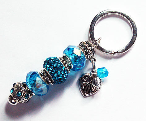 Heart Rhinestone Bead Keychain in Turquoise Blue & Silver - Kelly's Handmade