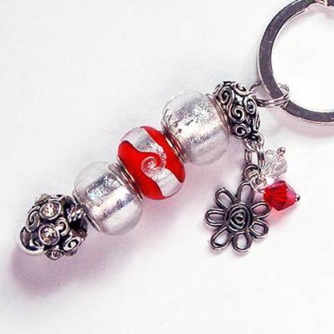 Flower Foil Lampwork Bead Keychain in Red & Silver - Kelly's Handmade