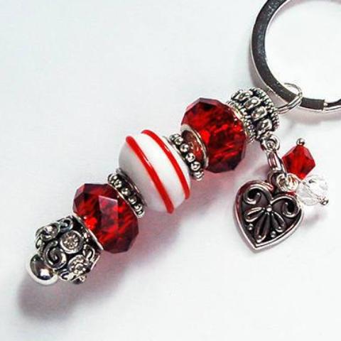 Heart Lampwork Bead Keychain in Red & White - Kelly's Handmade