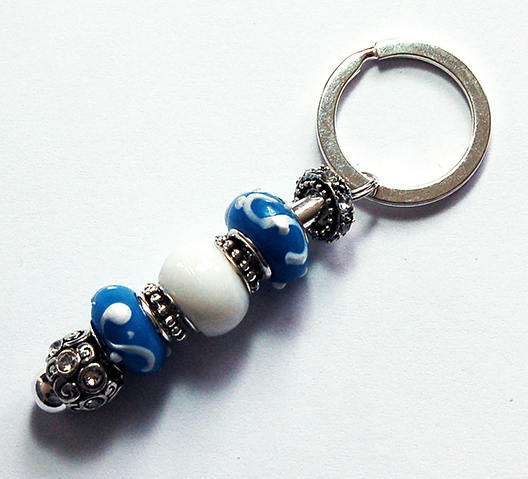 Rhinestone Lampwork Bead Keychain in Blue & White - Kelly's Handmade