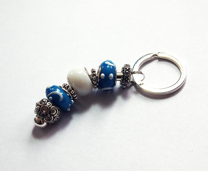 Rhinestone Lampwork Bead Keychain in Blue & White - Kelly's Handmade