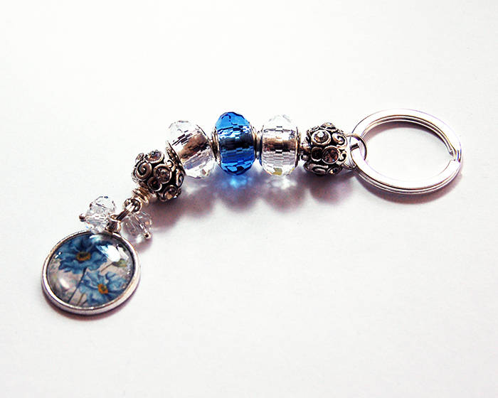 Flower Bead keychain in Blue & Silver - Kelly's Handmade