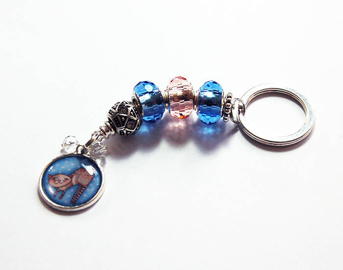 Cat Bead Keychain in Blue & Pink - Kelly's Handmade