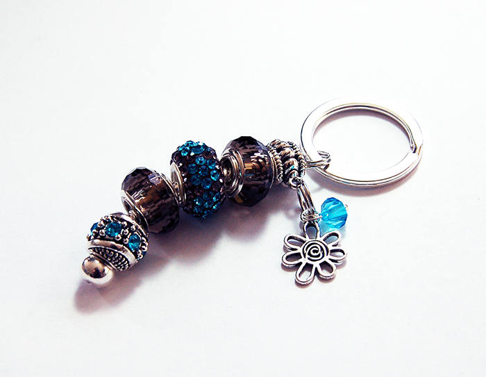 Flower Rhinestone Bead Keychain in Brown & Blue - Kelly's Handmade