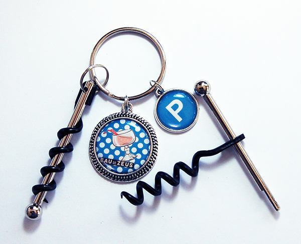 Blue Polka Dot Corkscrew Keychain - Kelly's Handmade