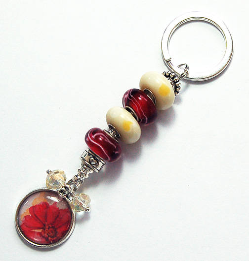 Flower Lampwork Bead Keychain in Red & Yellow - Kelly's Handmade