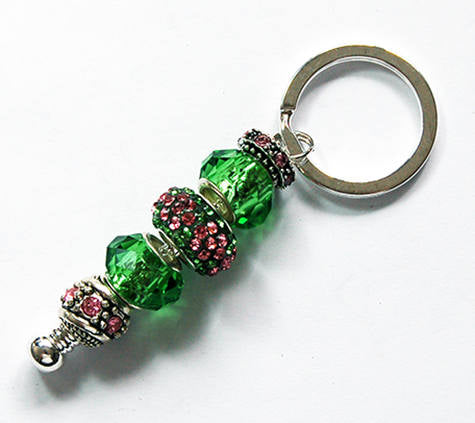 Rhinestone Bead Keychain in Green & Pink - Kelly's Handmade