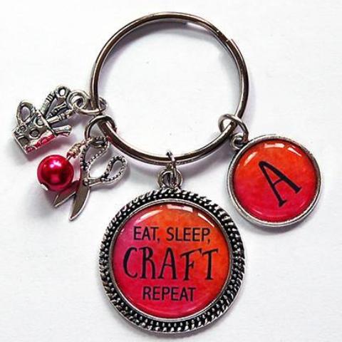 Eat Sleep Craft Repeat Keychain in Pink & Orange - Kelly's Handmade