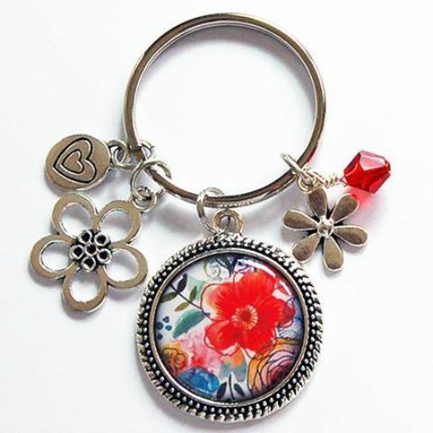 Flower Keychain With Charms in Red - Kelly's Handmade