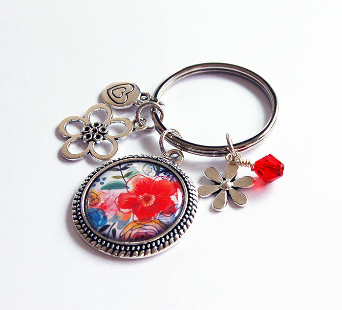 Flower Keychain With Charms in Red - Kelly's Handmade