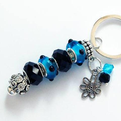 Flower Lampwork Bead Keychain in Blue & Black - Kelly's Handmade