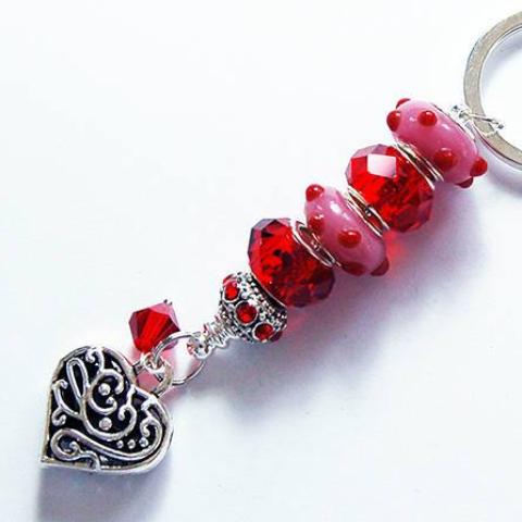 Ornate Heart Lampwork Bead Keychain in Red & Pink - Kelly's Handmade