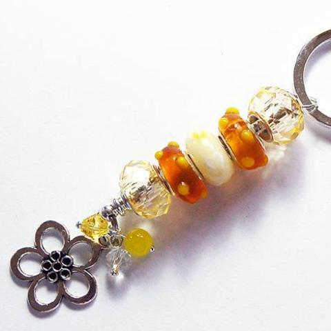 Flower Lampwork Bead Keychain in Yellow - Kelly's Handmade