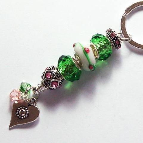 Heart Lampwork Bead Keychain in Green & Pink - Kelly's Handmade